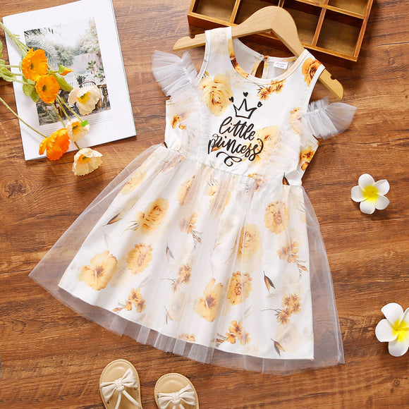 Toddler Girl Floral Letter Print Sleeveless Ruffled Mesh Design Dress