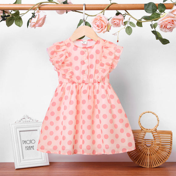 Toddler Girl Polka dots Ruffled Button Design Sleeveless Pink Chiffon Dress