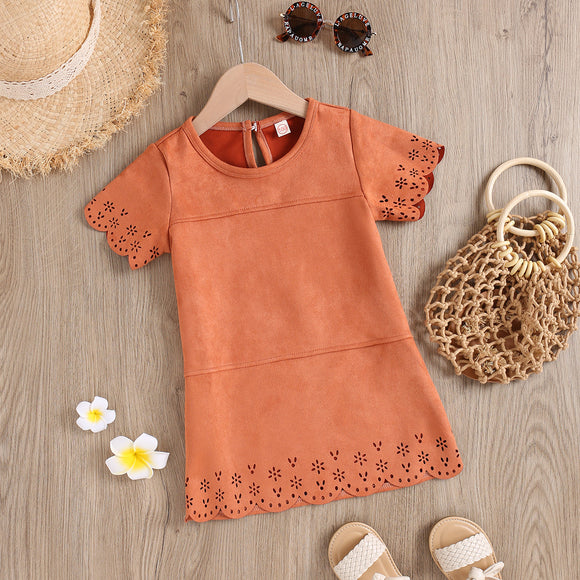 Toddler Girl Hollow out Short-sleeve Orange Suede Dress