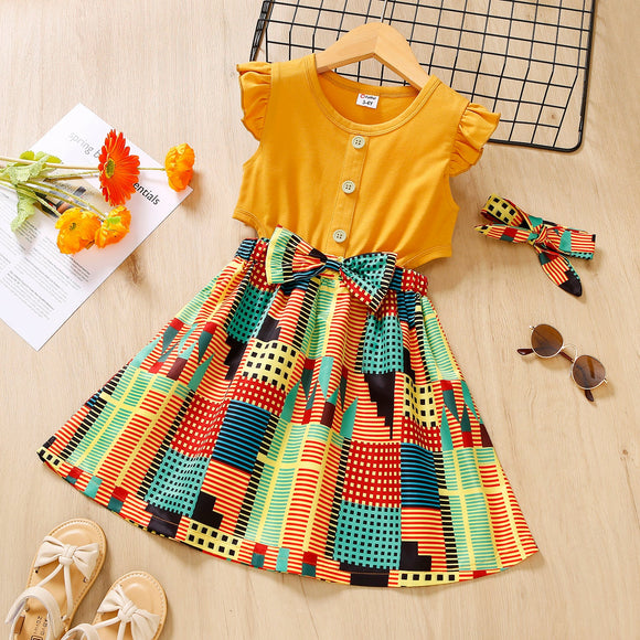 Toddler Girl Button Design Geo Print Splice Cut Out Bowknot Design Sleeveless Dress