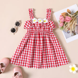 Toddler Girl Floral Design Ruffled Plaid Cami Dress