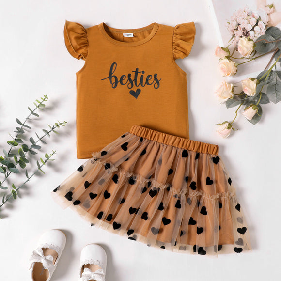 2pcs Toddler Girl Letter Print Flutter-sleeve Tee and Heart Embroidered Mesh Skirt Set