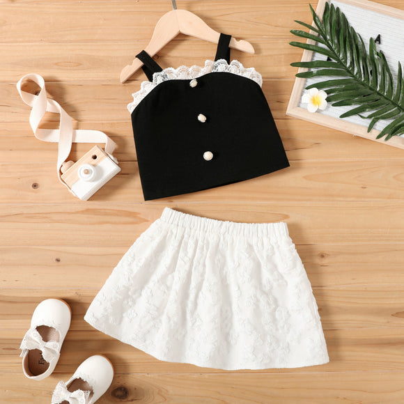 2pcs Toddler Girl Lace Button Design Black Camisole and Textured White Skirt Set