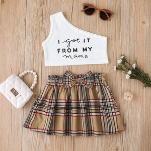 2pcs Toddler Girl Letter Print One Shoulder Tank Top and Bowknot Design Plaid Skirt Set