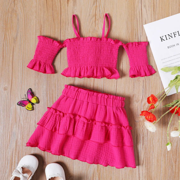 2pcs Toddler Girl 100% Cotton Smocked Off Shoulder Short-sleeve Camisole and Layered Skirt Set