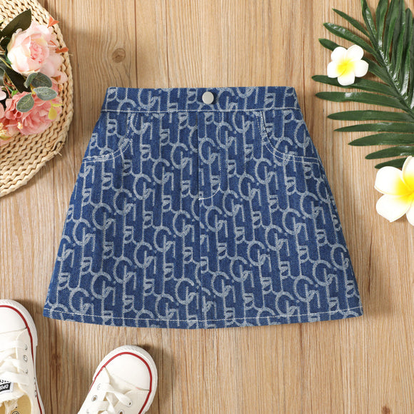 Toddler Girl Allover Print Blue Denim Skirt