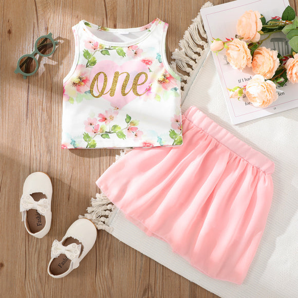 2pcs Toddler Girl Letter Floral Print Tank Top and Pink Mesh Skirt Set