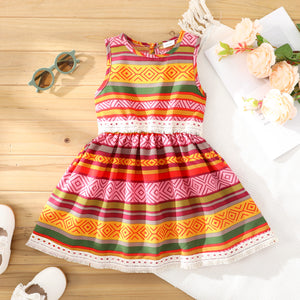 Toddler Girl Exotic Striped Tassel Design Sleeveless Dress