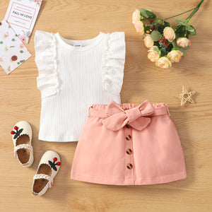 2pcs Toddler Girl Ruffled Ribbed Sleeveless White Tee and Button Design Belted Pink Skirt Set