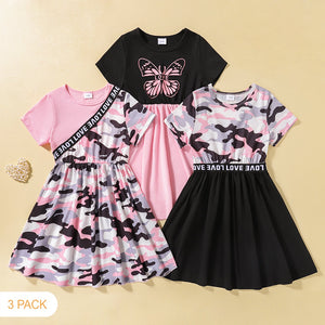 3-Pack Toddler Girl CamouflageButterfly Print Splice Short-sleeve Dress