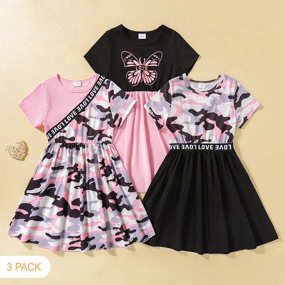 3-Pack Toddler Girl CamouflageButterfly Print Splice Short-sleeve Dress