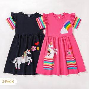 2-Pack Toddler Girel Unicorn Rainbow Print Ruffled Short-sleeve Dress