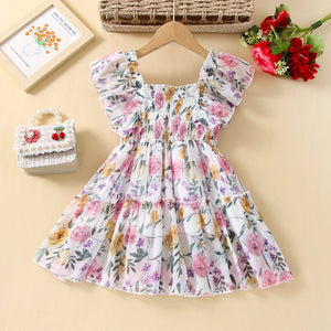 Toddler Girl Floral Print Smocked Square Neck Ruffled Sleeveless Dress