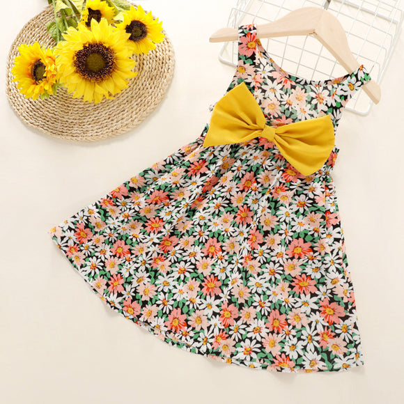 Toddler Girl Floral Print Bowknot Design Backless Sleeveless Dress