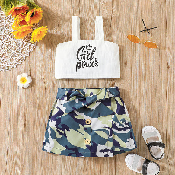 2pcs Toddler Girl Letter Print White Camisole and Camouflage Print Button Design Belted Skirt Set