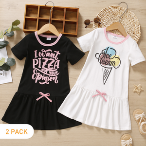 2-Pack Toddler Girl Letter Print Bowknot Design Short-sleeve Dress Set