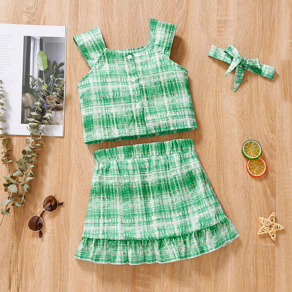 2pcs Toddler Girl Button Design Green Plaid Camisole and Ruffle Skirt Set