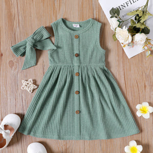 2pcs Toddler Girl Solid Color Button Design Ribbed Sleeveless Dress and Headband Set