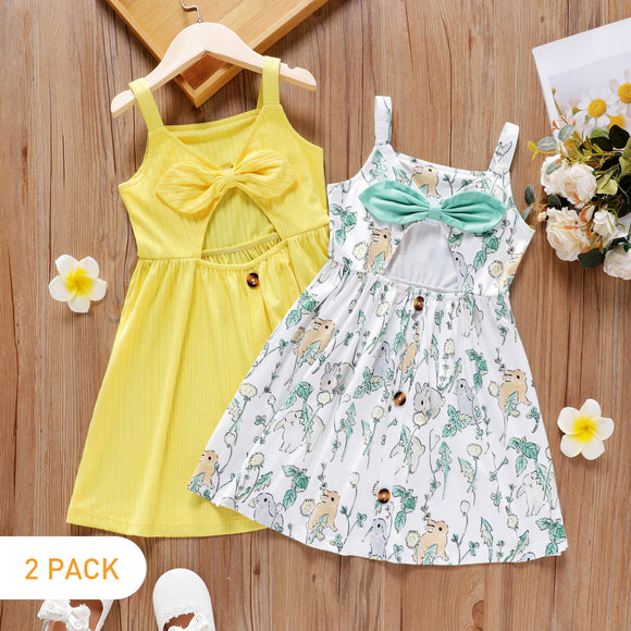 2-Pack Toddler Girl Cut Out Bowknot Design Rabbit PrintYellow Cami Dress