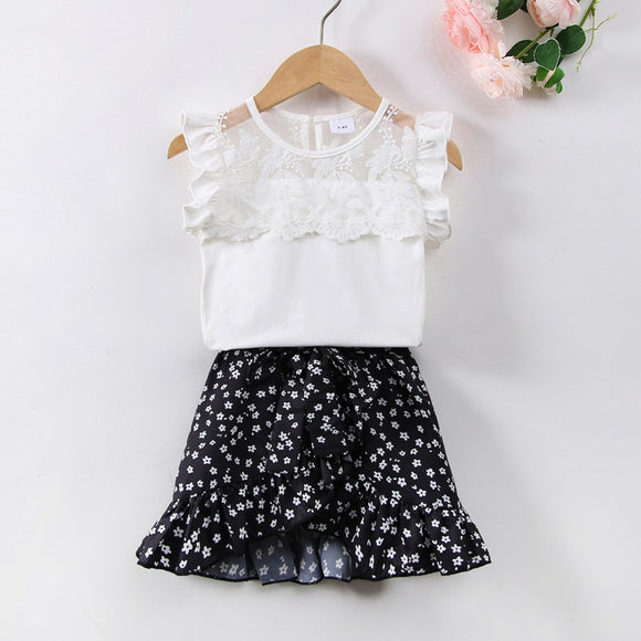 2pcs Toddler Girl Floral Lace Design Sleeveless White Tee and Floral Print Ruffled Skirt Set