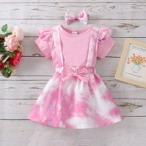 2pcs Toddler Girl Ruffled Short-sleeve Pink Tee and Bowknot Design Tie Dyed Suspender Skirt Set