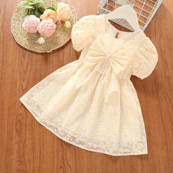 Toddler Girl Floral Print Bowknot Design Square Neck Short Puff-sleeve Dress