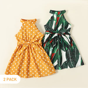 2-Pack Toddler Girl Floral PrintPolka dots Belted Halter Dress