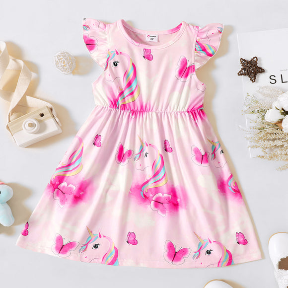 Toddler Girl Unicorn Heart Print Flutter-sleeve Pink Dress