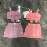 2pcs Toddler Girl Stripe Bowknot Design Camisole and Button Design Skirt Set