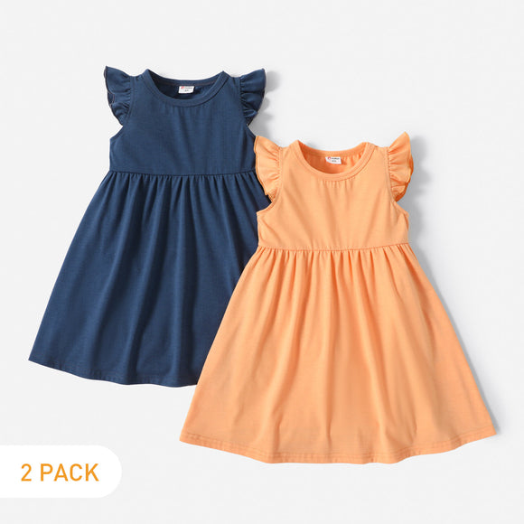 2-Pack Toddler Girl Solid Color Flutter-sleeve Dress