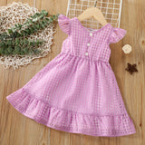 Toddler Girl Button Design V Neck Plaid Flutter-sleeve Dress