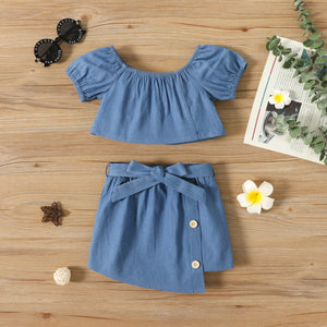 2pcs Toddler Girl Off Shoulder Short-sleeve Denim Tee and Belted Button Design Irregular Skirt Set