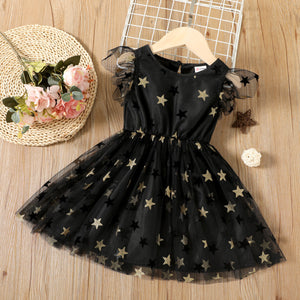 Toddler Girl Star Design Mesh Sleeveless Black Dress