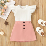 2pcs Toddler Girl Ribbed Flutter-sleeve White Tee and Button Design Pink Skirt Set