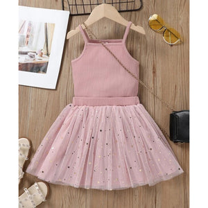 2pcs Toddler Girl Ribbed Pink Camisole and Glitter Design Mesh Skirt Set