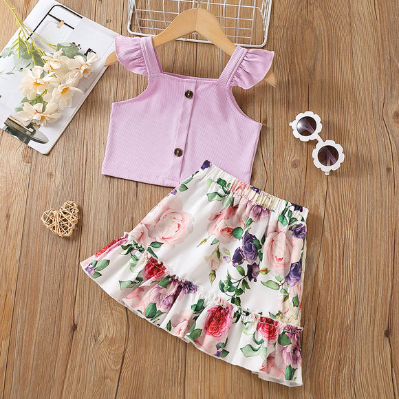 2pcs Toddler Girl Ruffled Button Design Camisole and Floral Print Ruffled Skirt Set