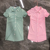 Toddler Girl Lapel Collar Button Design Ribbed Short-sleeve Pink Dress