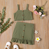 2pcs Toddler Girl 100% Cotton Solid Color Button Design Camisole and Ruffle Hem Skirt Set