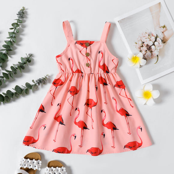 Toddler Girl Flamingo Print Button Design Cami Dress