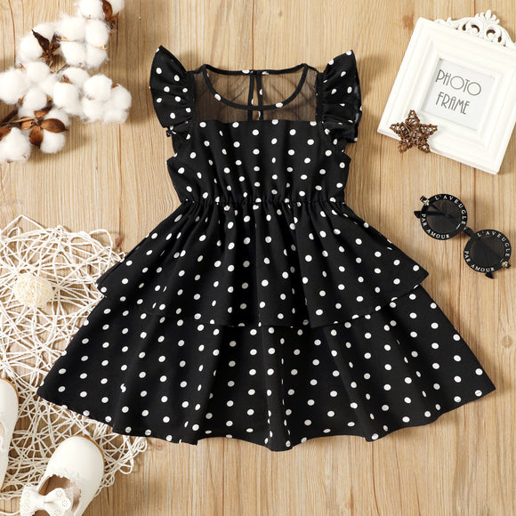 Toddler Girl Polka dots Mesh Design Layered Flutter-sleeve Dress