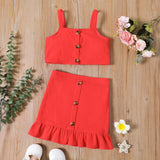 2pcs Toddler Girl 100% Cotton Solid Color Button Design Camisole and Ruffle Hem Skirt Set