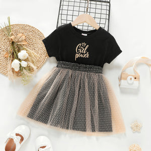 Toddler Girl Letter Print Mesh Design Short-sleeve Dress