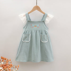 Toddler Girl 100% Cotton Floral Embroidered Lace Design Crepe Overall Dress