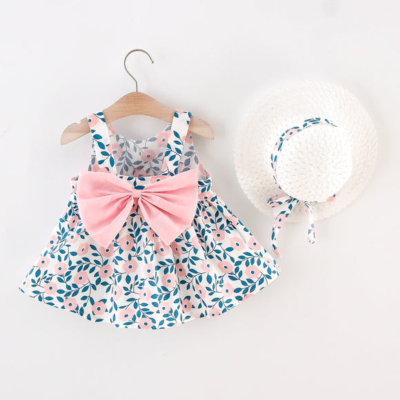 2pcs Toddler Girl Floral Print Bowknot Design Sleeveless Dress and Straw Hat Set