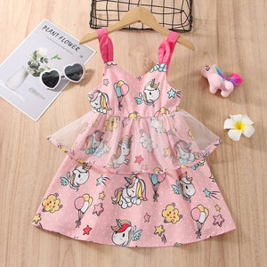 Toddler Girl Unicorn Print Mesh Design Pink Cami Dress