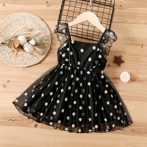 Toddler Girl Floral Print Ruffled Sleeveless Black Mesh Dress