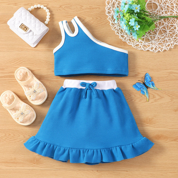 2pcs Toddler Girl One Shoulder Colorblock Tank Top and Ruffled Hem Skirt Set