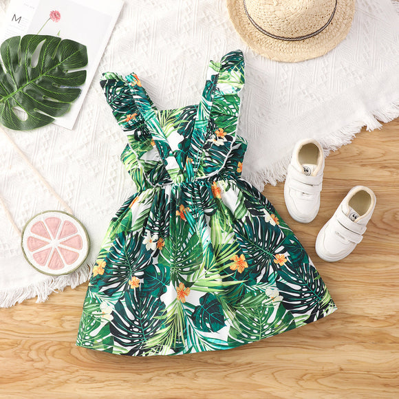 Toddler Girl Floral Print Ruffled Sleeveless Green Dress