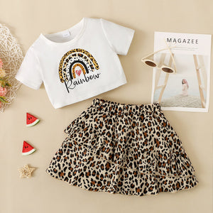 2pcs Toddler Girl Letter Rainbow Print Short-sleeve White Tee and Leopard Print Layered Skirt Set