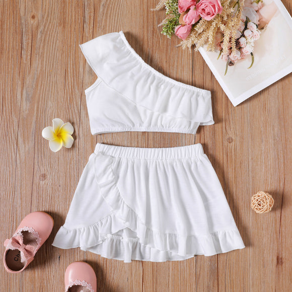 2pcs Toddler Girl Flounce One Shoulder White Tank Top and Ruffled Wrap Skirt Set